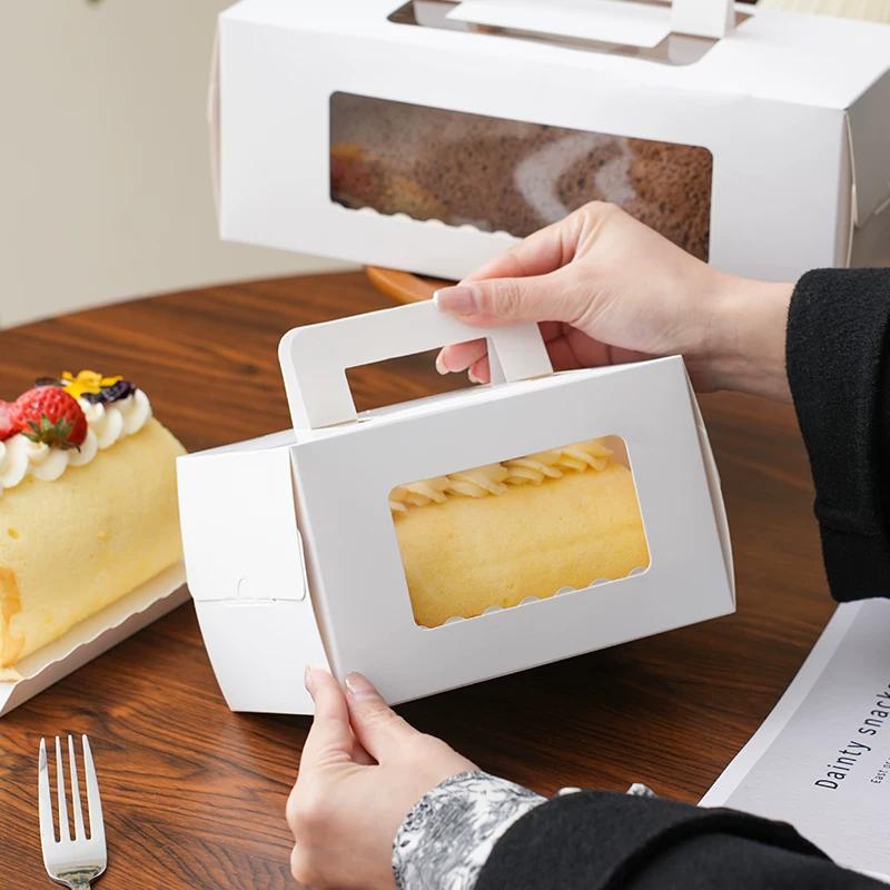 30 Sets Mousse Towel Roll Clear Window Packaging Boxes Color Cake Roll Packaging Portable Cases Long Swiss Roll Cardboard Box with White Tray