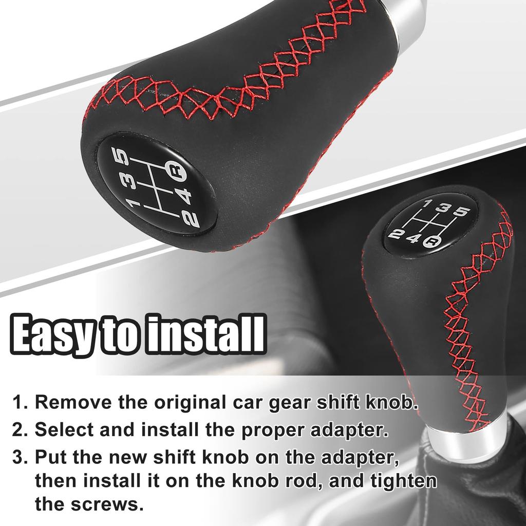uxcell Shift Knob Gear Lever Shifter MT Stick Shift Knob Black Universal 5 Speed PU Leather Red Stitching