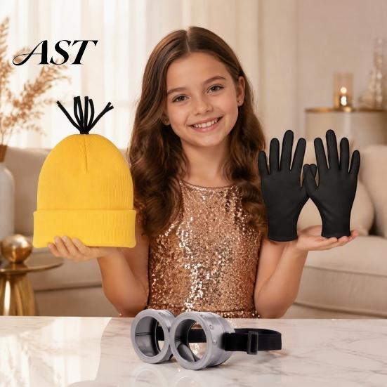 Cosplay Costume Accessories Knit Hat Set, Retro Round Glasses Suspenders Gloves, Halloween Party Black Breathable Gloves Kit for Adults, Funny Themed