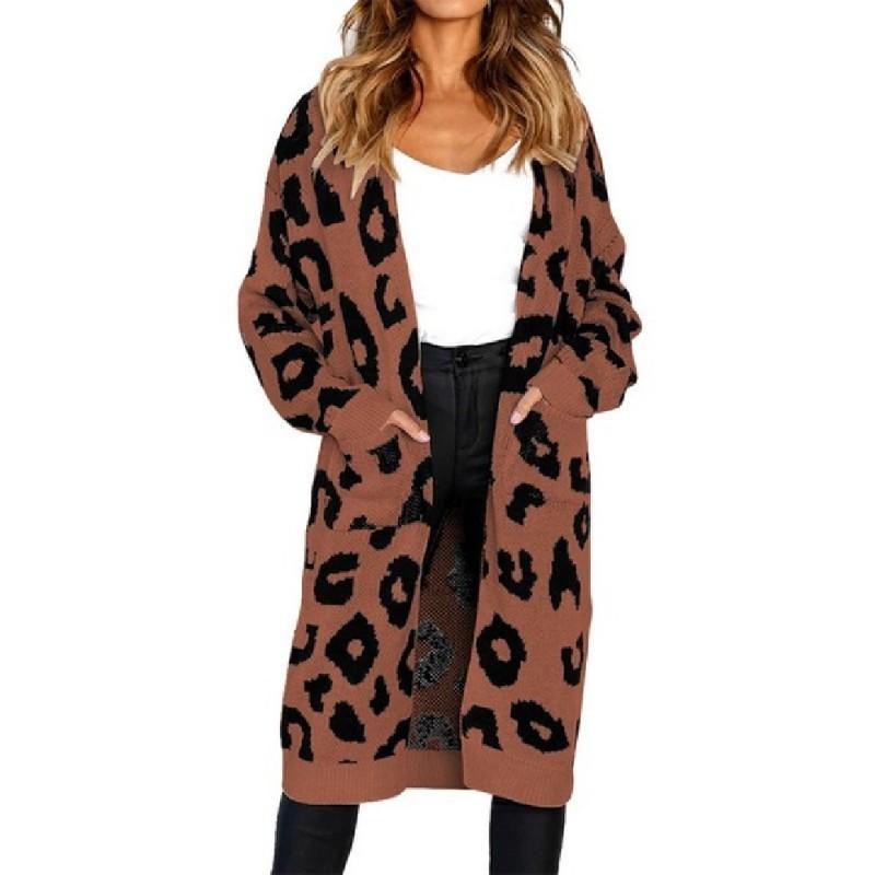 Womens Oversized Leopard Print Knit Cardigan Long Sleeve V-Neck Loose Fit Sweater Winter