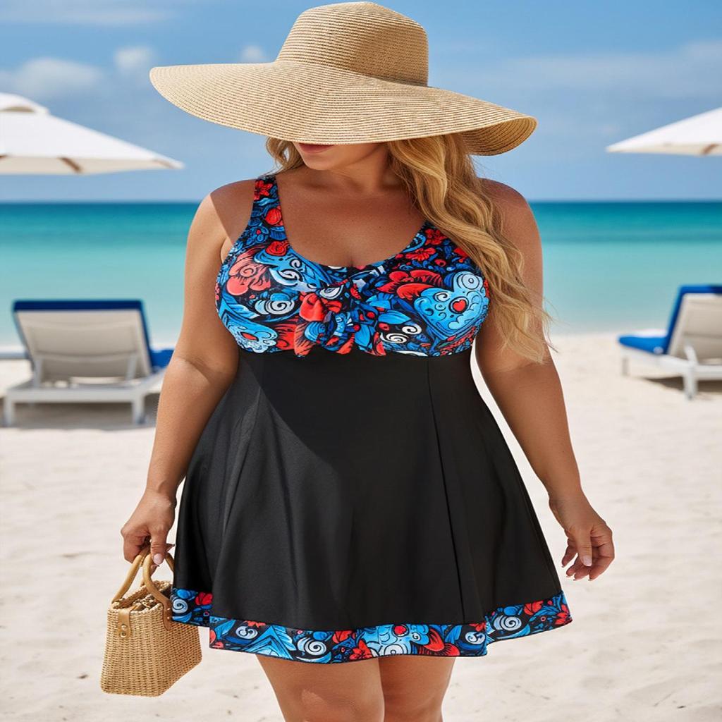 Plus Size Blue Waves Tankini: Two-Piece Women's Swim Skirt & Printed Patchwork Briefs