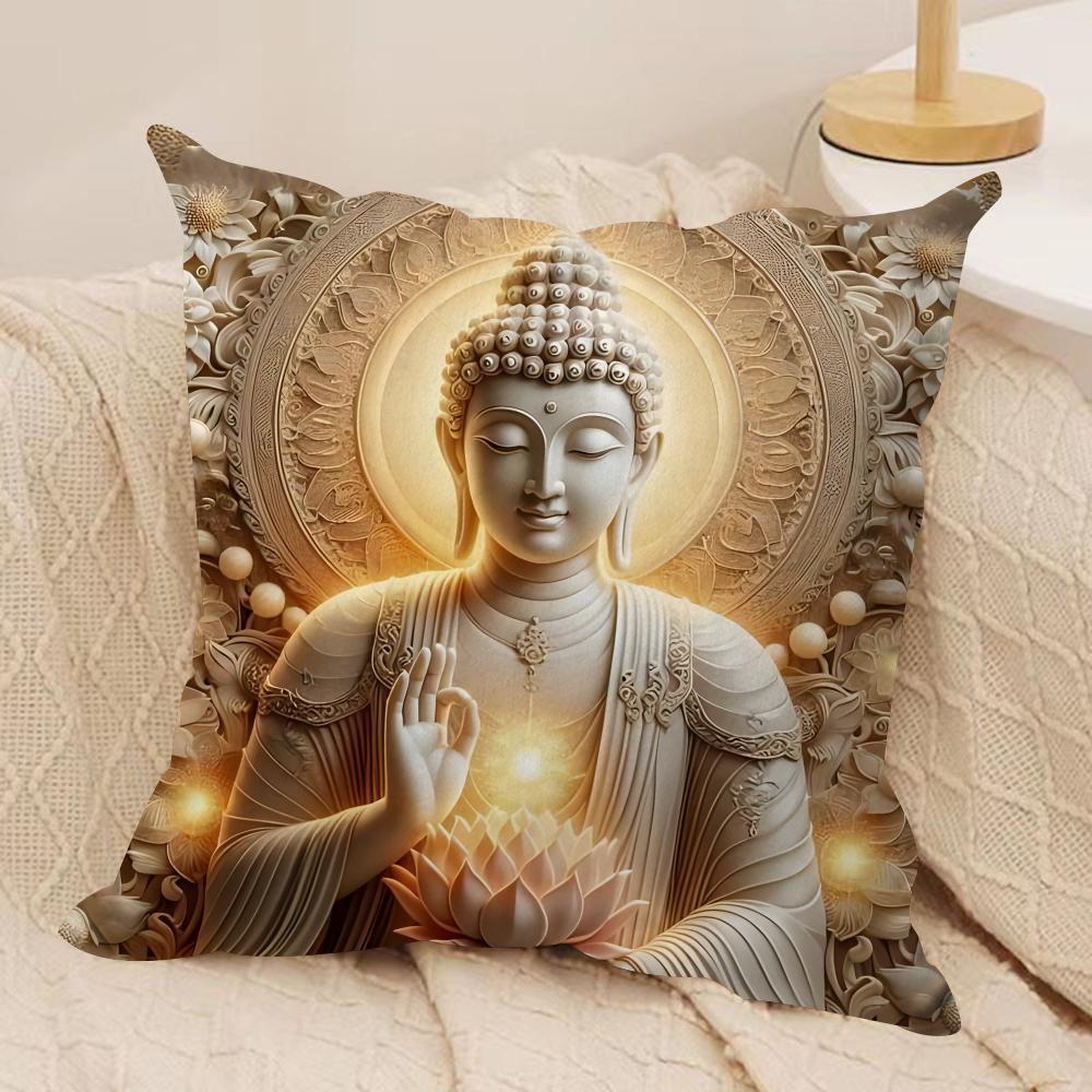 

Buddha statue and lotus Cushion Cover Silky Short Plush Sofa Pillow Cover Hidden Zipper Soft Dustproof Case for Home Decor 45cmx45cm