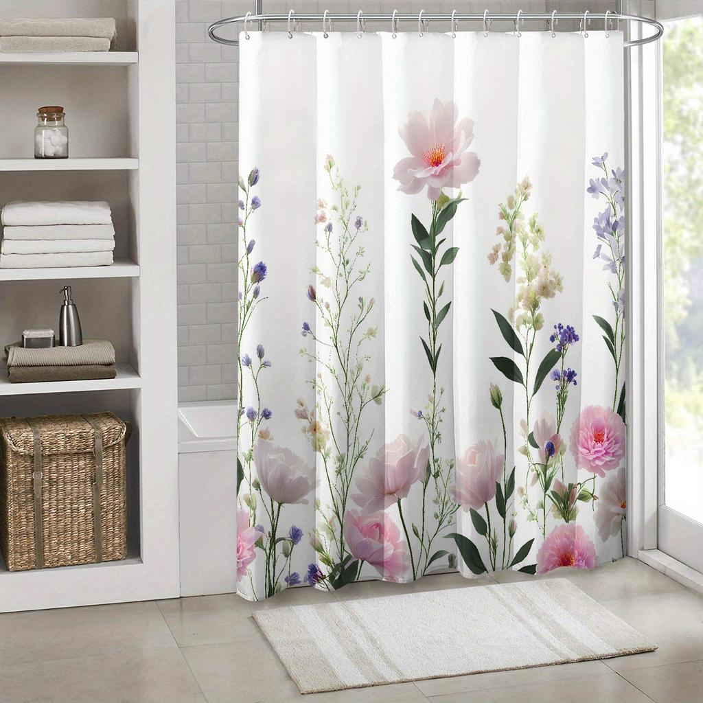 1Pcs Pink Flower Branch Print Shower Curtain, High Quality Polyester Fabric With Hooks, Suitable For Bathroom Decoration