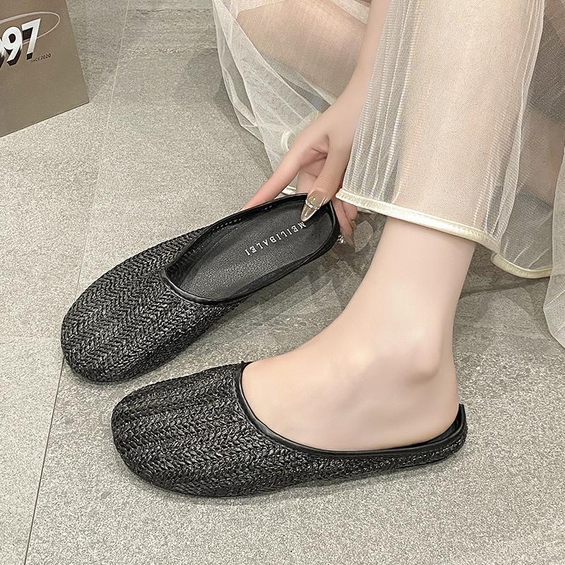 Mode 2025 Sommer Neu Atmungsaktiv Mode Damen Wohnung Gestricktes Design Hausschuhe Luxuriös Bequem Halbblock Flache Sandalen Hausschuhe