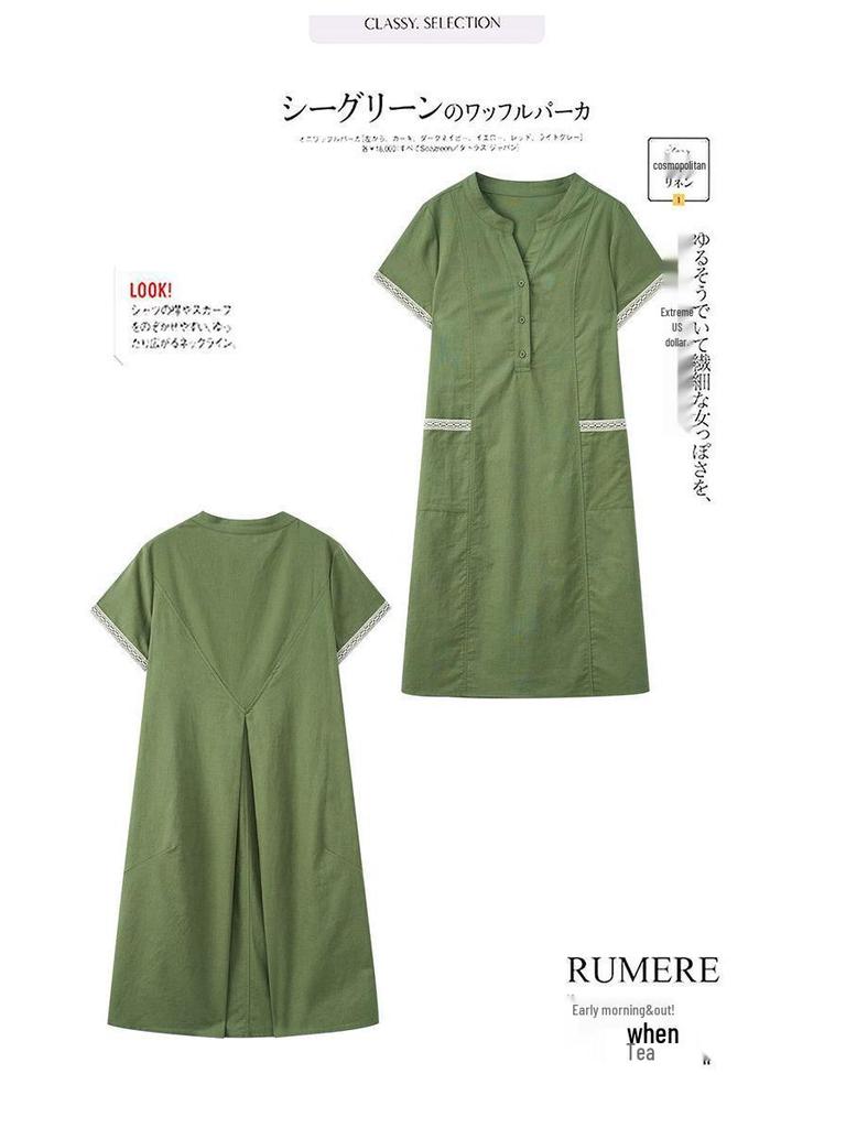 Women's Summer Cotton-Linen Dress: Petite, Slimming, Loose-Fit for Middle-Aged Moms