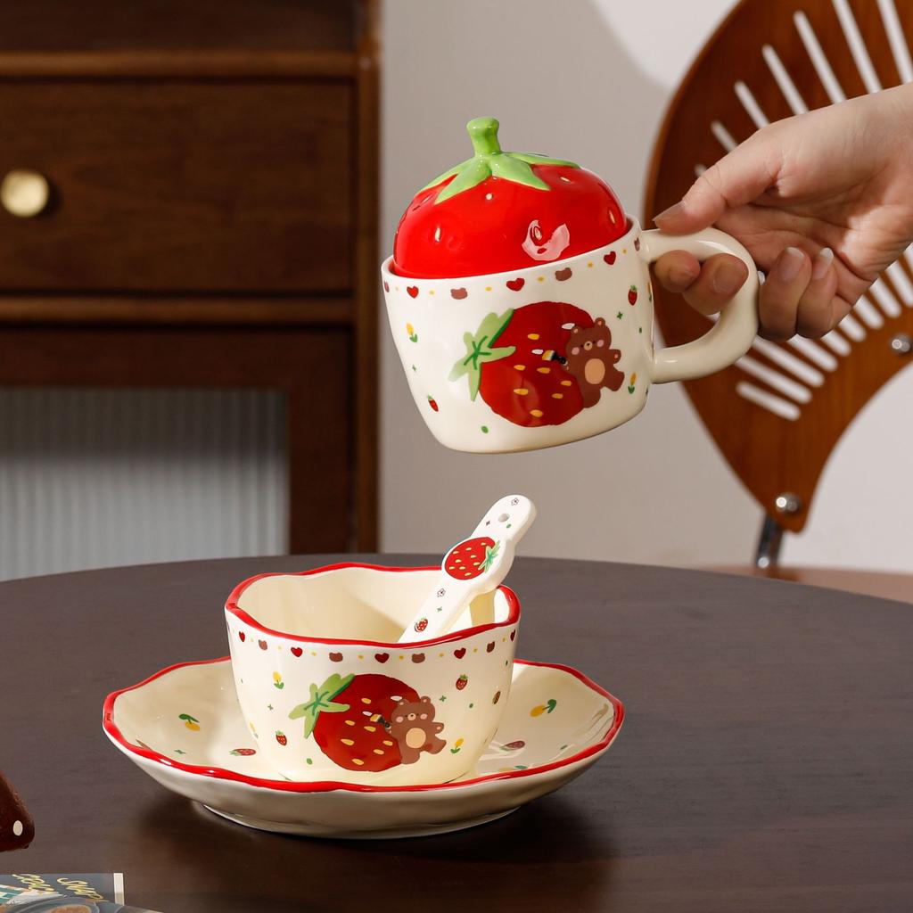 Creative Hand Color Strawberry Ceramic Tableware Large Capacity Cup Dormitory Students School Season Noodle Bowl Girls High Value