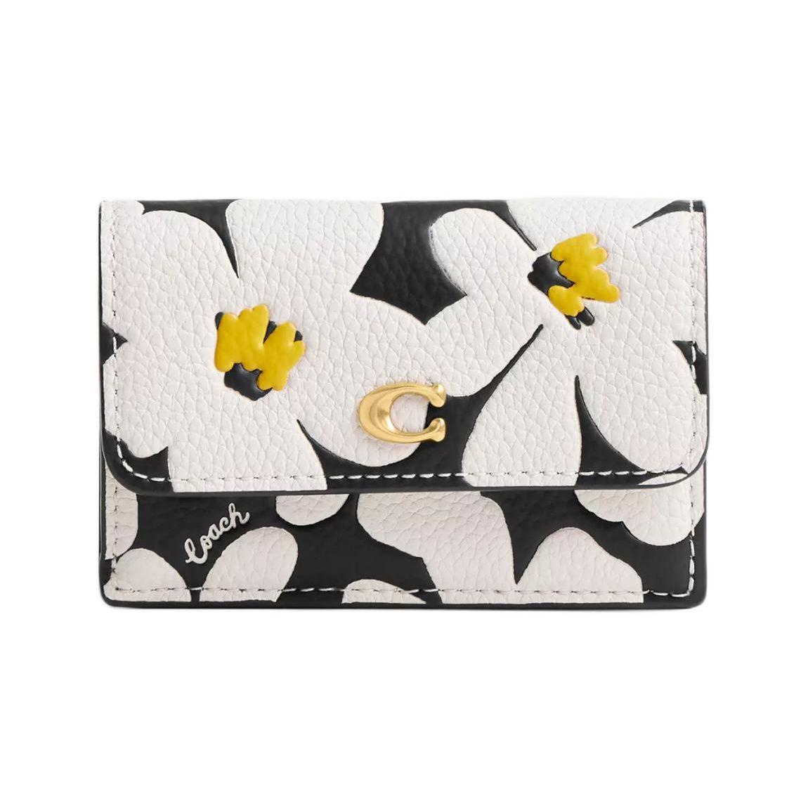 Coach Trifold Wallet Floral Print Pebble Leather Women Wallet Brass CS124-B4CAH Brass