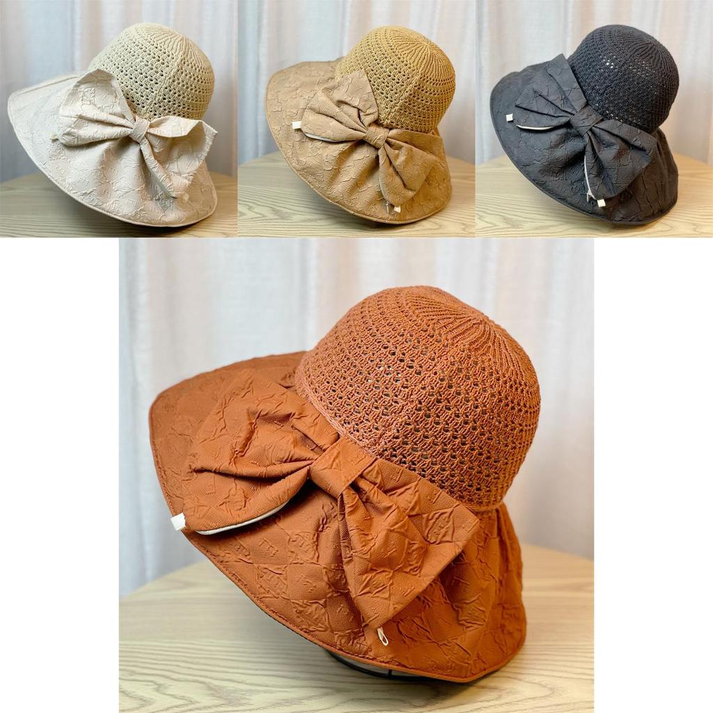 Stylish Round Top Sun Hat With Bow Tie Summer Beach Uv Protection Fisherman Hat