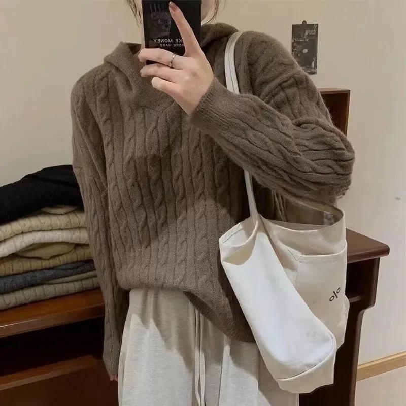 Women's Hooded Sweater Loose Knitted Top Autumn and Winter Solid Color Pullover Sweater