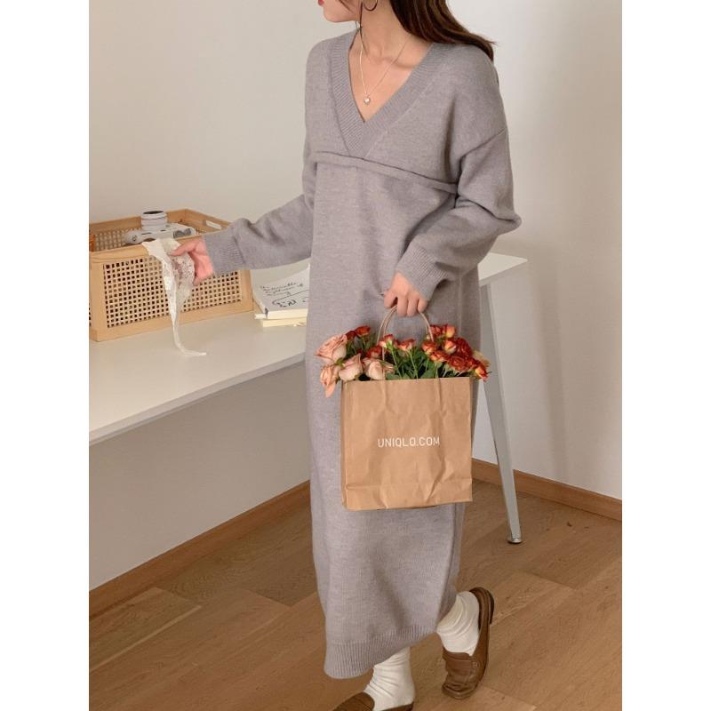 

Ретро длинный свитер-обманка из двух частей, платье с длинным рукавом, свободный и ленивый стиль, тонкий универсальный пуловер, женский average size