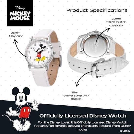 Disney Mickey Mouse Adult Classic Cardiff Jointed Hand Analog Quartz Leather Strap Watch White 2 - Silver Case/White