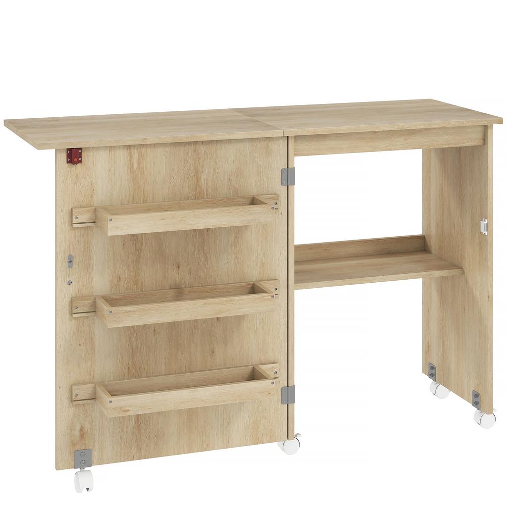 Folding Sewing Table, Drop-Leaf Front, Storage Bins, Open Shelf, Casters, Natural Wood