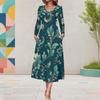 Women Plus Size V Neck Long Sleeve White Floral Printed A Line Midi Dress With Pockets