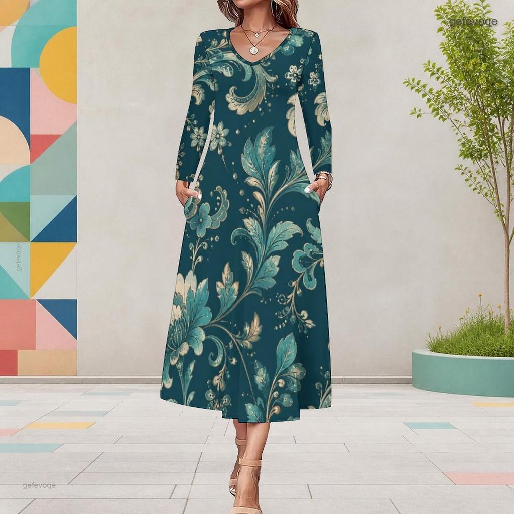 Women Plus Size V Neck Long Sleeve White Floral Printed A Line Midi Dress With Pockets