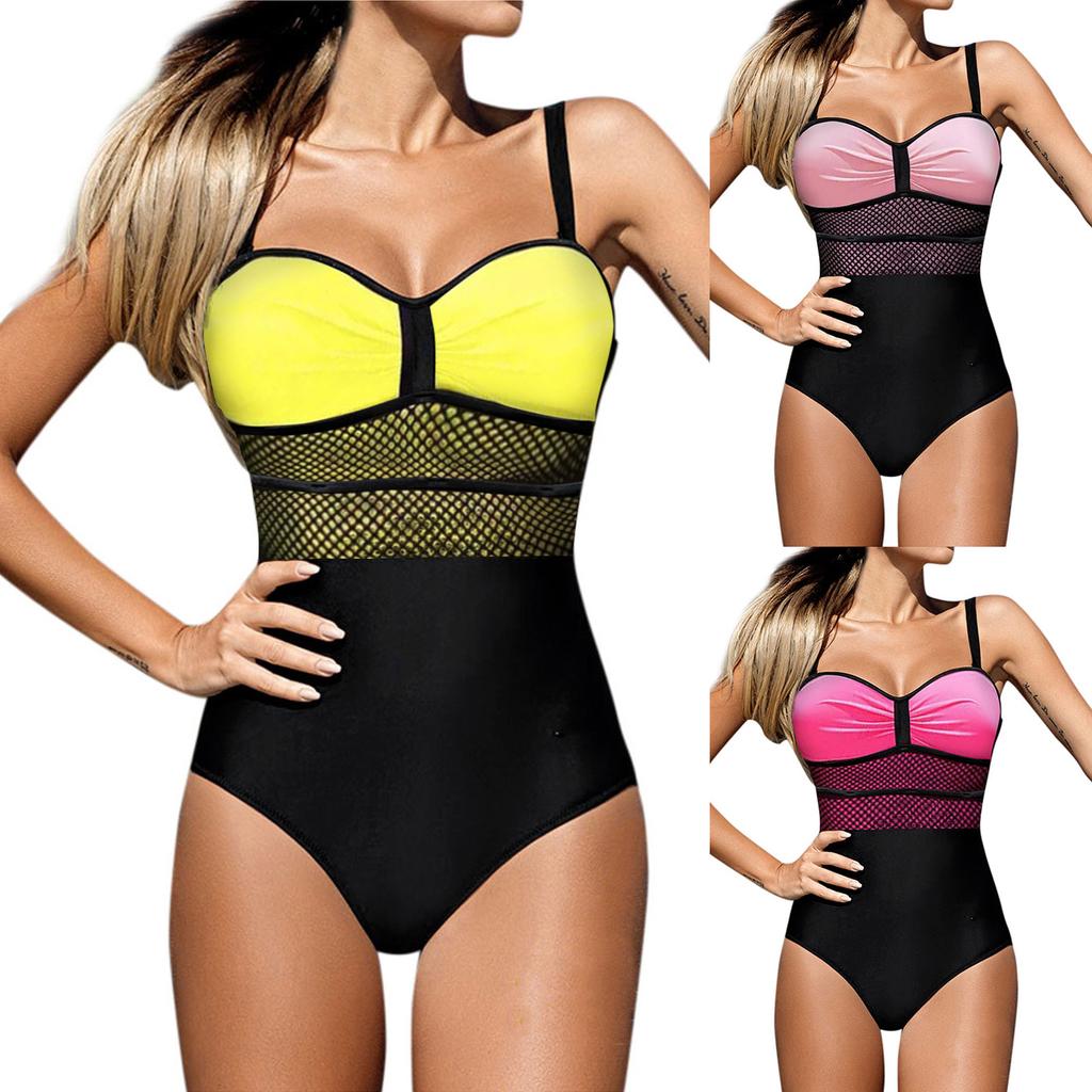 Casual Women Mesh Stitching Sling One-piece Swimsuit Sexy Color Swimsuit
