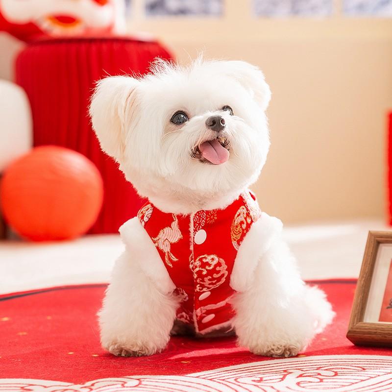 Red Chinese New Inspired Knitted Velvet Dog Pajamas Small Breeds Like Bichon Frise Teddy