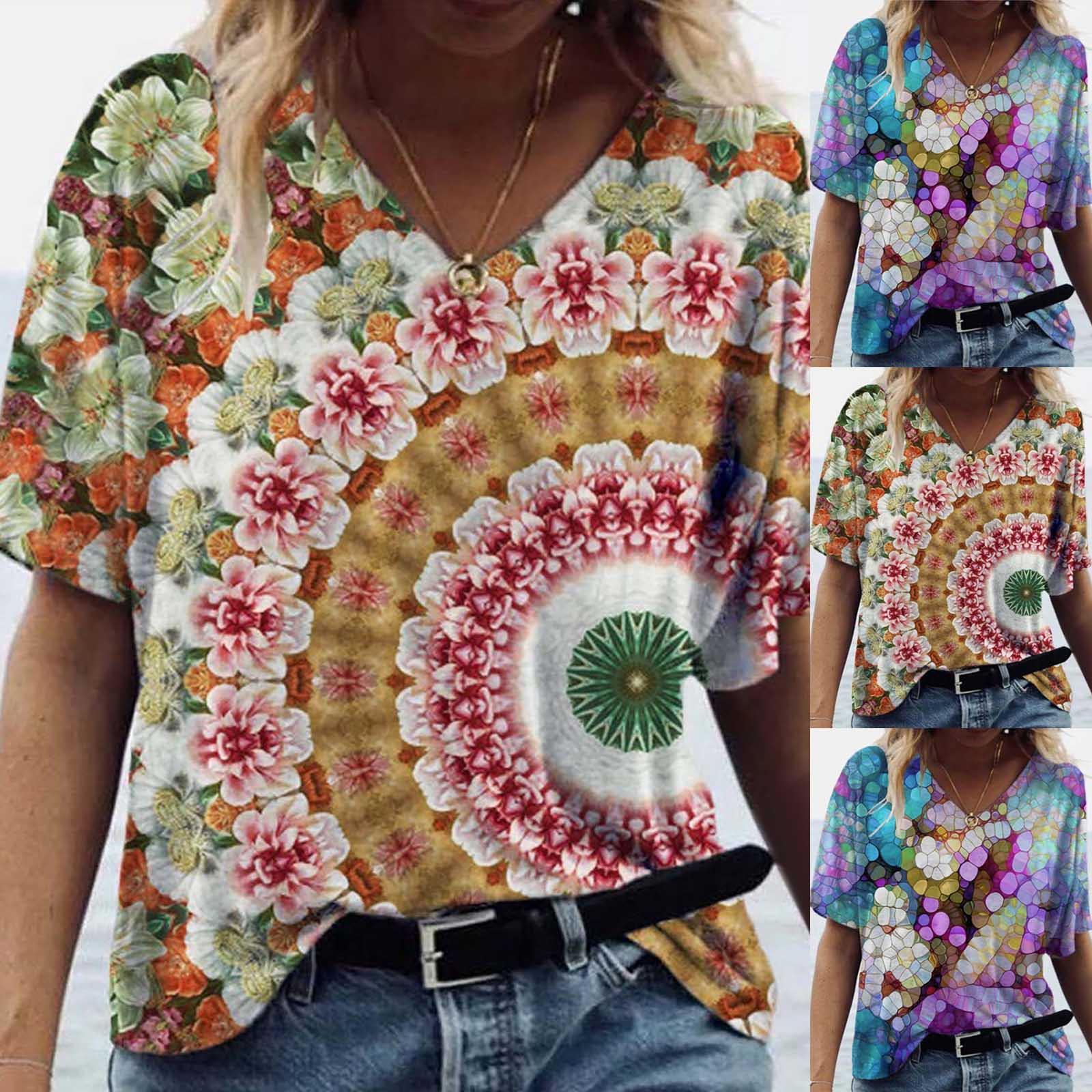 

Women V-Neck Short Sleeve T-shirt Top Floral Print Casual Loose Blouse