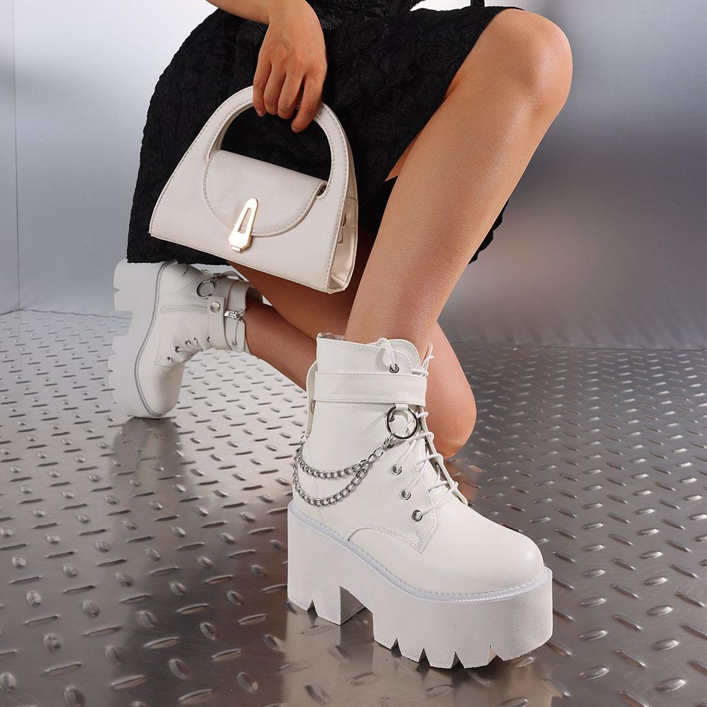 Women Gothic Ankle Thick Platform Metal Chain Decor Punk Chunky High top Heeled Motorcycle Short Fashion Stylis