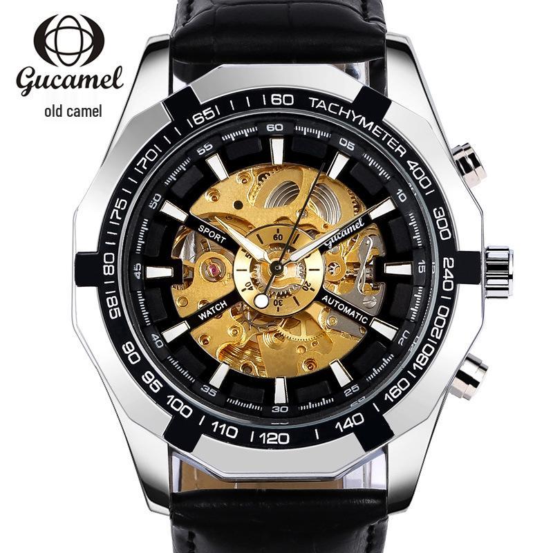 

GUTU Мужские светящиеся автоматические механические часы Black Dial, Gold Movement, Leather Strap