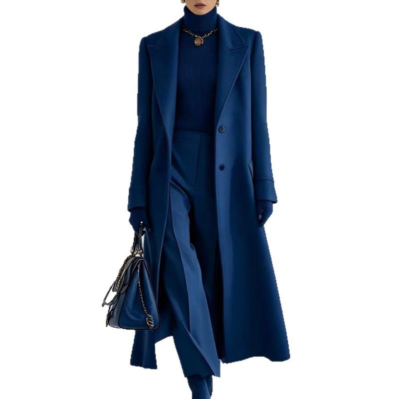 Trench da Donna in Misto Lana Manica Lunga Monopetto Lunghezza Media Cintura da Legare Capospalla Casual Stile Coreano