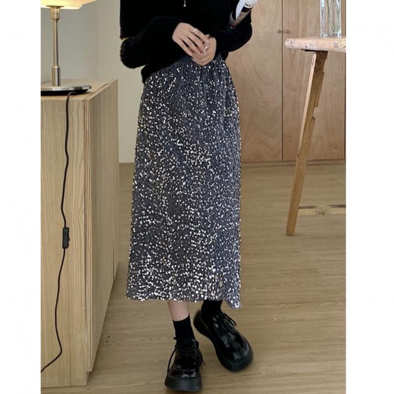 

Бархатная юбка миди с пайетками с высокой талией - Женская блестящая черная юбка с разрезом, тренд осень/зима M (Recommended 101-115 kg) серебряный