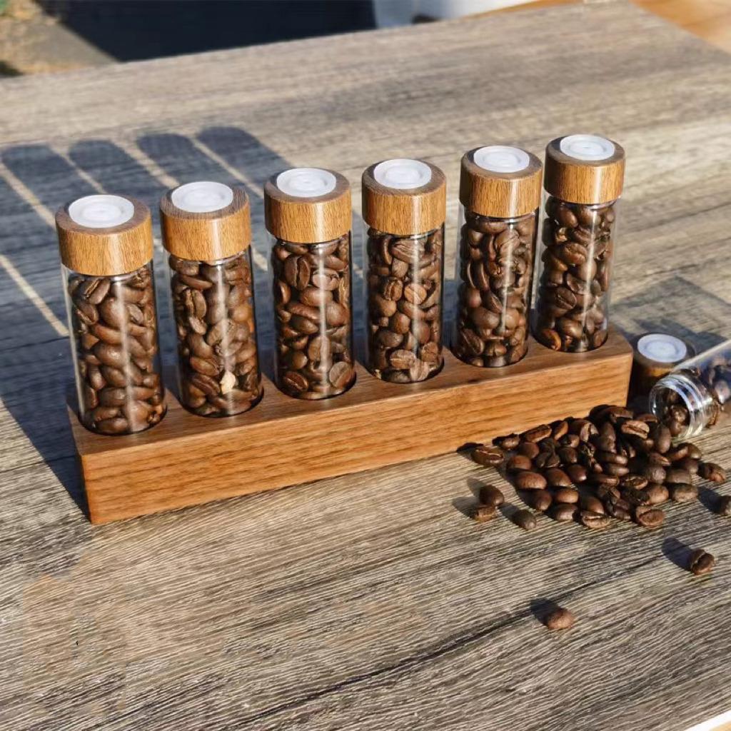 Wooden Coffee Beans Flower Tea Display Rack Stand Glass Test Tube Sealed Storage Cereals canister
