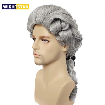 Syntetická paruka pro koloniální cosplay pro právníka Šedá paruka Dlouhá kudrnatá vlnitá paruka pro muže