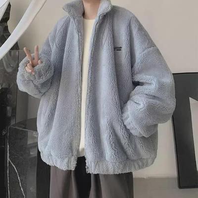 Men's Winter Double-Layer Lambskin Jacket, Hong Kong Style, Velvet-Lined, Thick, Loose Fit, Solid Color, Trendy Zipper Cotton Coat