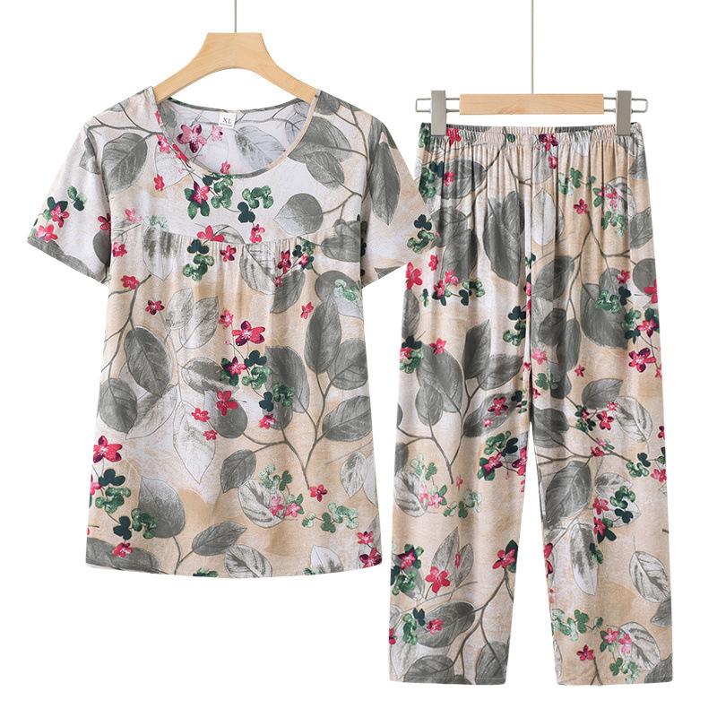 Women Loose Fit Suit Flower Printed Women's Top Pants Set with Retro Style Elastic Waist Breathable Fabric 2 for Grandmother's