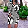 Damen Übergröße V-Ausschnitt Langarm Schwarz Weiß Bedrucktes Eng anliegendes Kleid