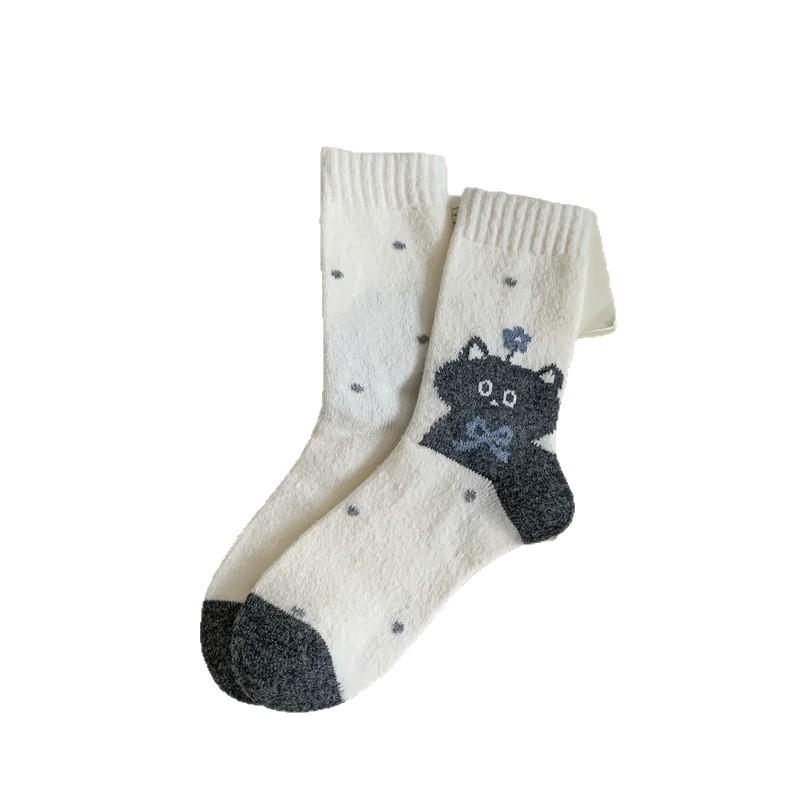 Autumn and Winter Women's Mid-calf Socks in Grey Tones, Cute Cat Warmth Wool Socks for Women