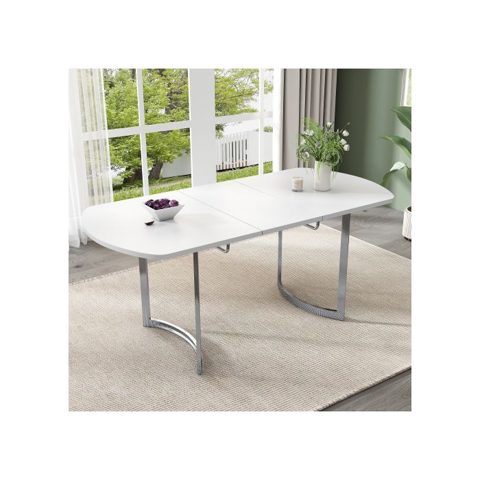 Table de salle à manger à rallonge 140/180 x 80 cm, longueur extensible 180 cm, pieds en métal argenté, blanc + pieds argentés