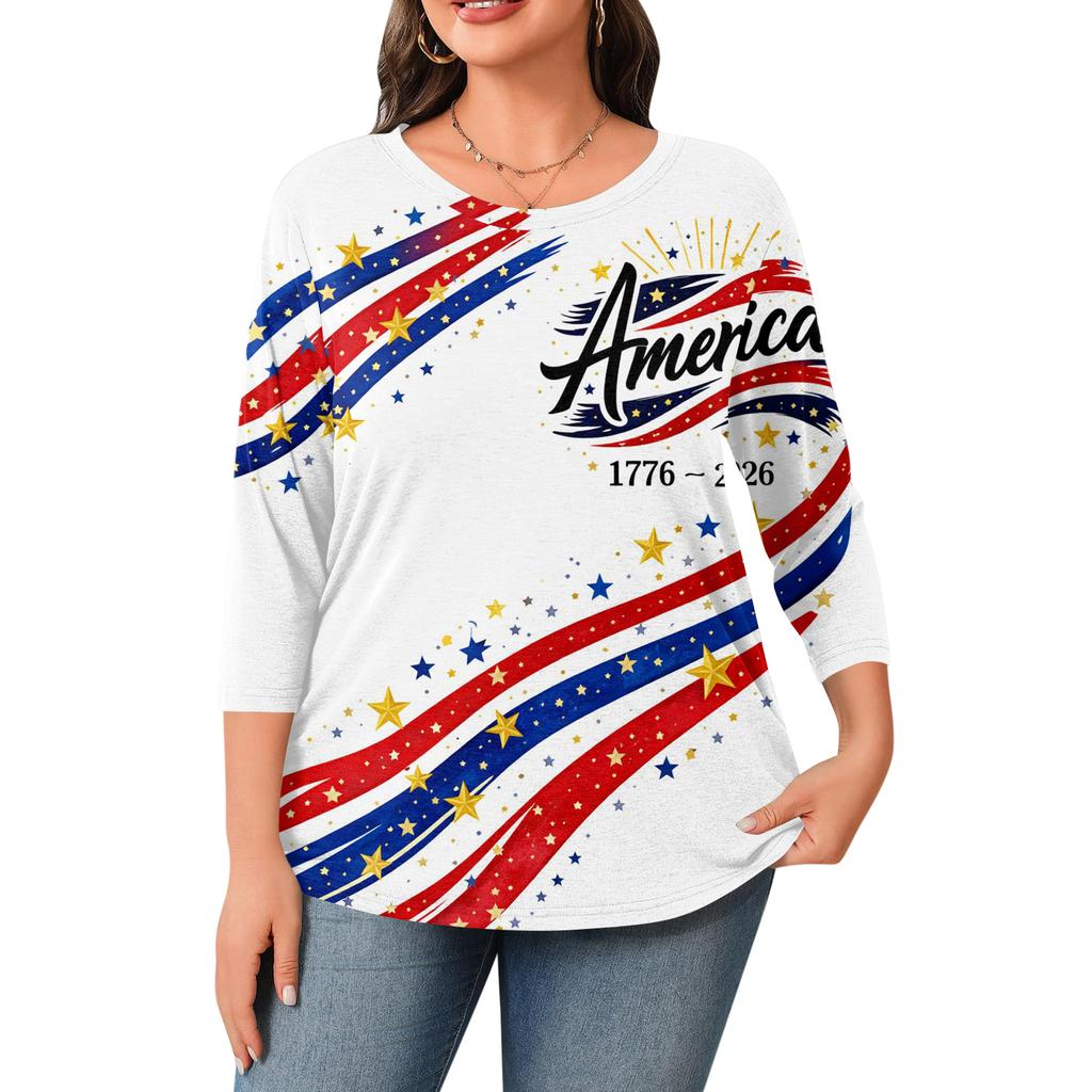 Damen Rundhals 3/4 Ärmel Bedrucktes Oberteil in Übergröße