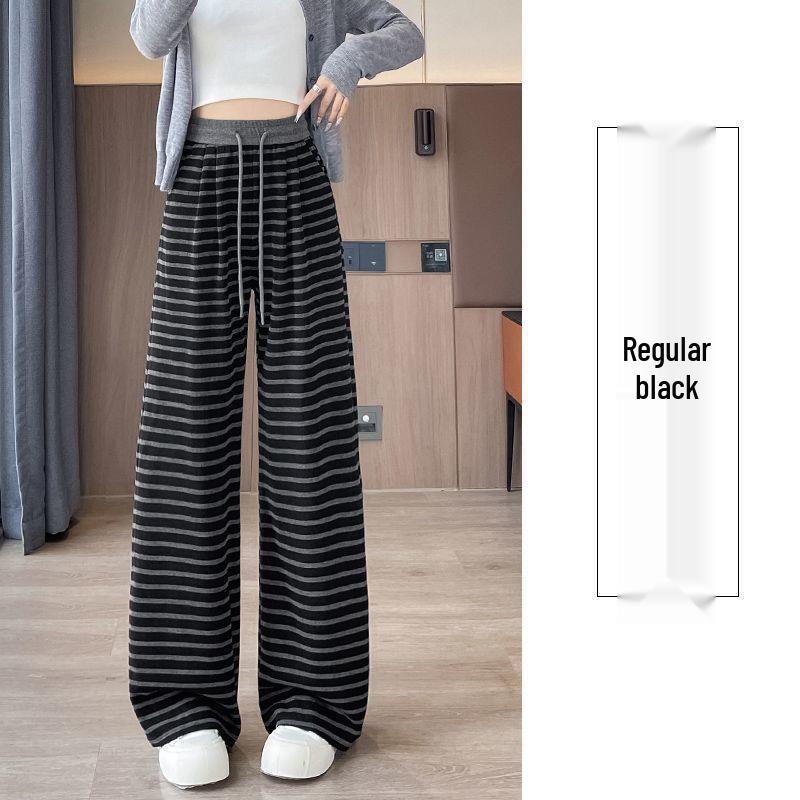 High-Waist Retro Striped Wide-Leg Pants with Drawstring - Women's Casual Floor-Length Knit for Autumn and Spring