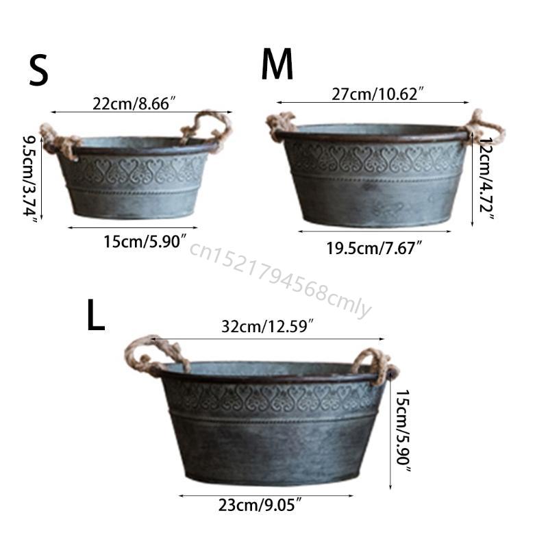 Vintage Metal Round Bucket Planter with Double Handles Rustic Iron Flower Pot Metal Tray for Storage and Farmhouse Decor 6XDE