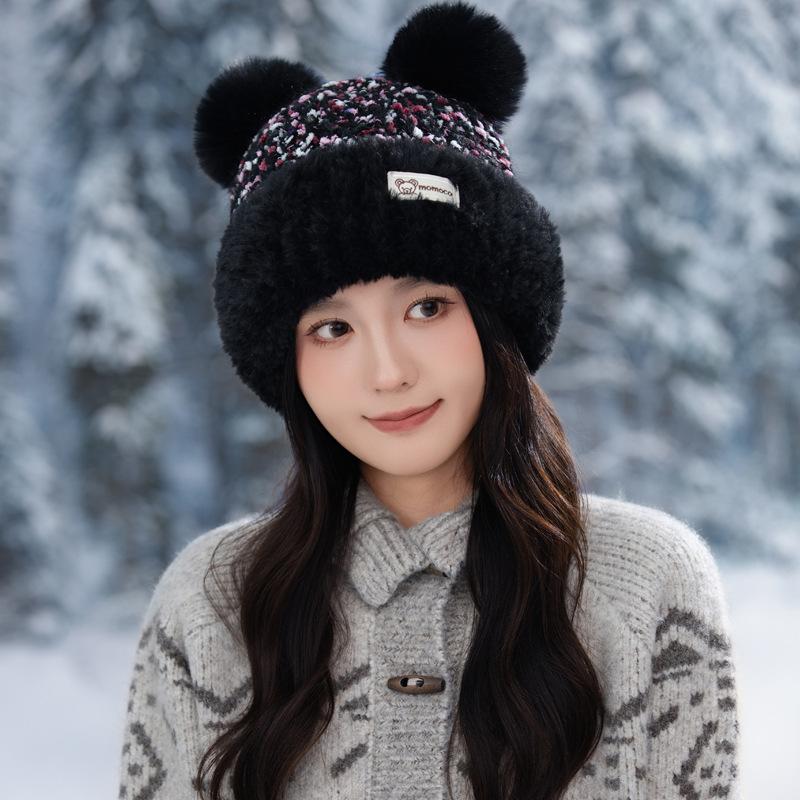 Korean Version of Autumn and Winter Hat for Women's Cute Ear Big Head Wool Hat Fashionable and Versatile Plus Velvet Warm Knitted Hat