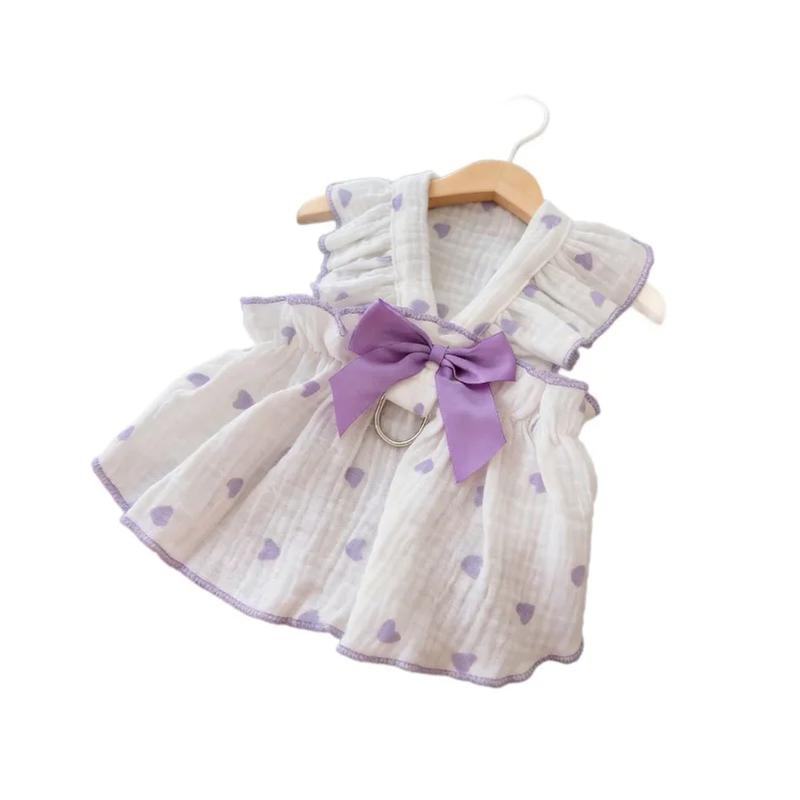 Heart Print Pet Dress with Bow, Breathable Cotton Dog Cat Clothes, Adjustable Pet Outfit with D-ring