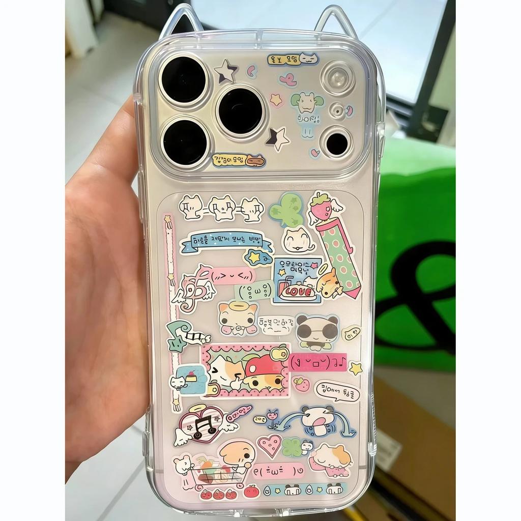 Cute Korean cartoon illustration for Apple 16/17Pro mobile phone case IP15 fine hole 14 transparent cat ears 13