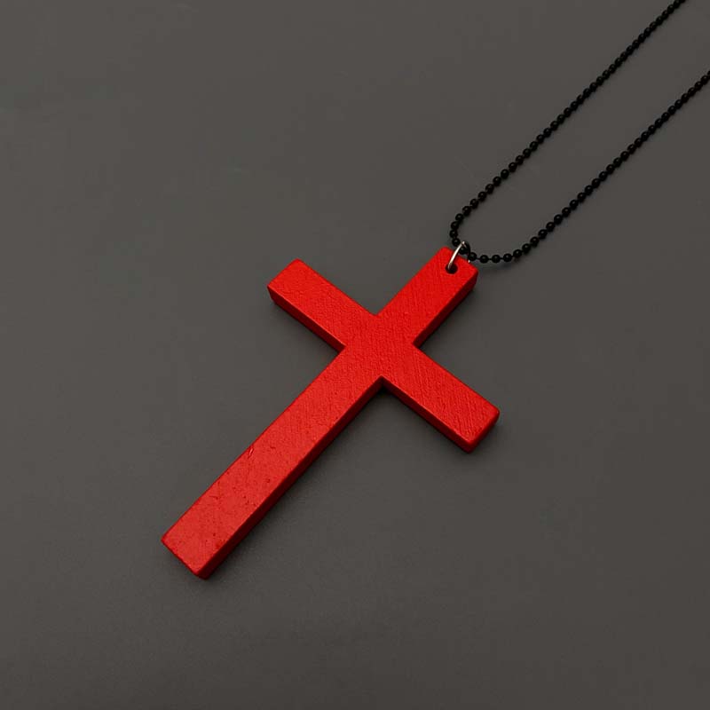 Punk Wood Cross Pendant Necklace for Women Men Vintage Hip Hop Red Big Cross Beaded Sweater Chain Necklace Y2K Halloween Jewelry