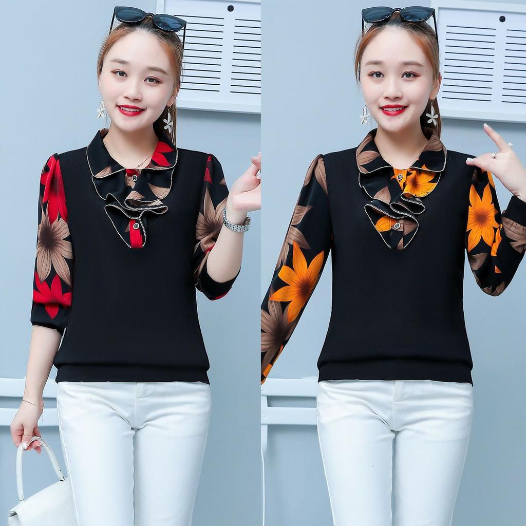 M-5XL primavera otoño nueva camisa con cuello tipo Polo para mujer moda mamá blusa de manga larga Camiseta holgada con estampado