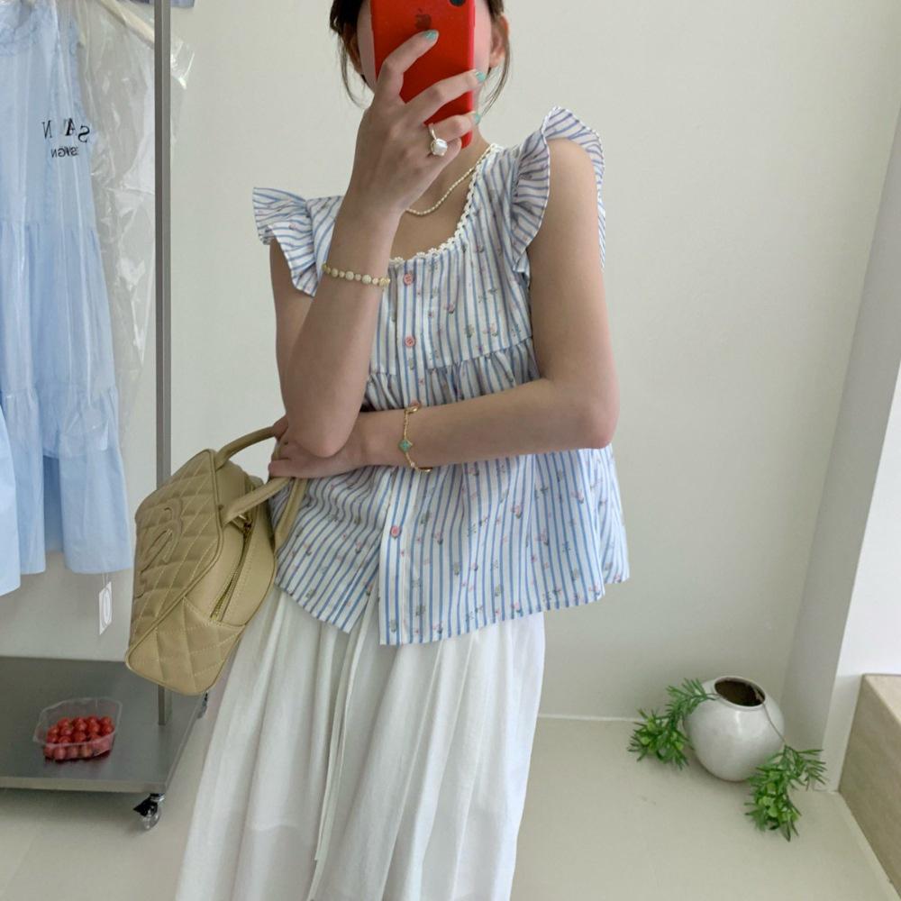 

Korean Floral Stripe Flutter Sleeve Top - Cute Summer Doll Shirt One Size (High Quality) синий