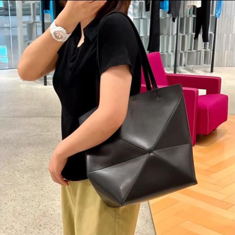 PuzzleFold Cowhide Foldable Geometric Tote Bag with Large Capacity