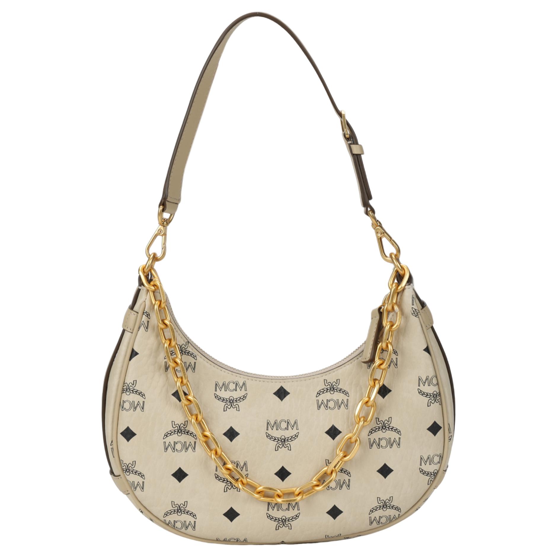 MCM Aren Visetos Halve Maan Patroon Afneembare Schouderband Ketting Leer Onderarmtas Schoudertas Klein Formaat Unisex tassen Beige MWHCATA11I8001 Basic Set (Bag+Dust Bag)