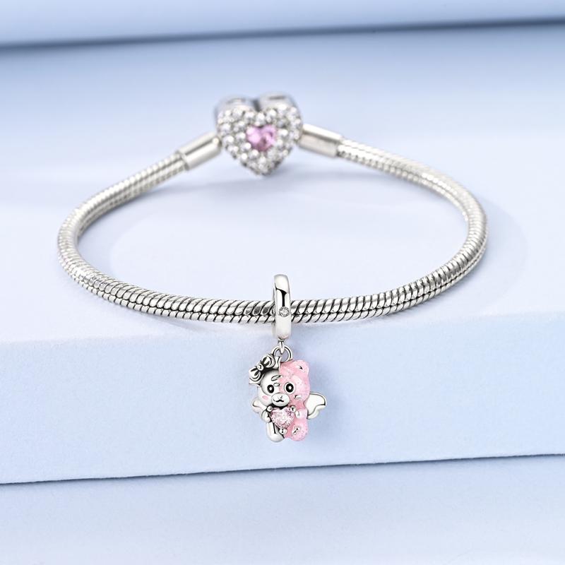 copper Pink ColorBlock Bear Pendant Loving Angel Bear Charm Compatible With Authentic Charm Bracelets Women Do It Yourself Jewellery Gift
