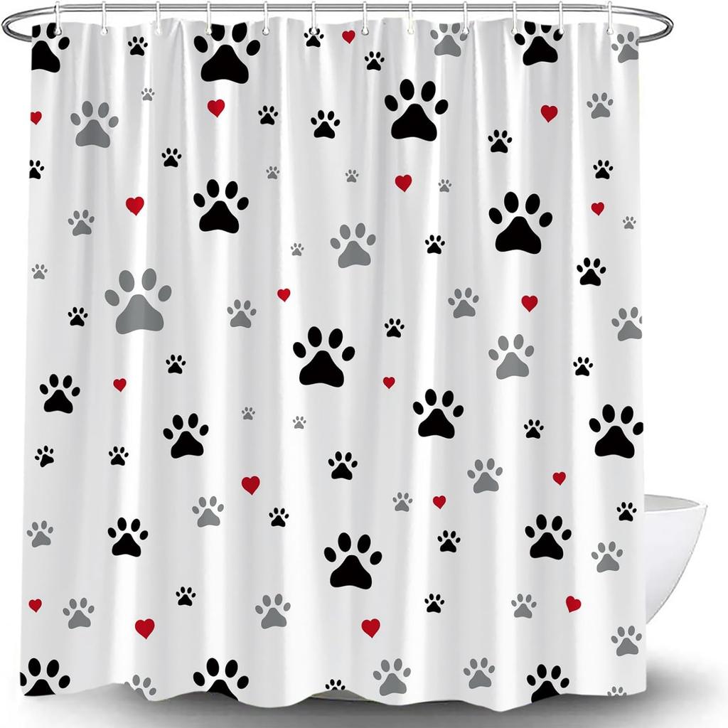 Funny Dog Paw Print Shower Curtain for Bathroom Black Grey Pet Footprints Red Hearts Creative Cute Animal Drawing Modern