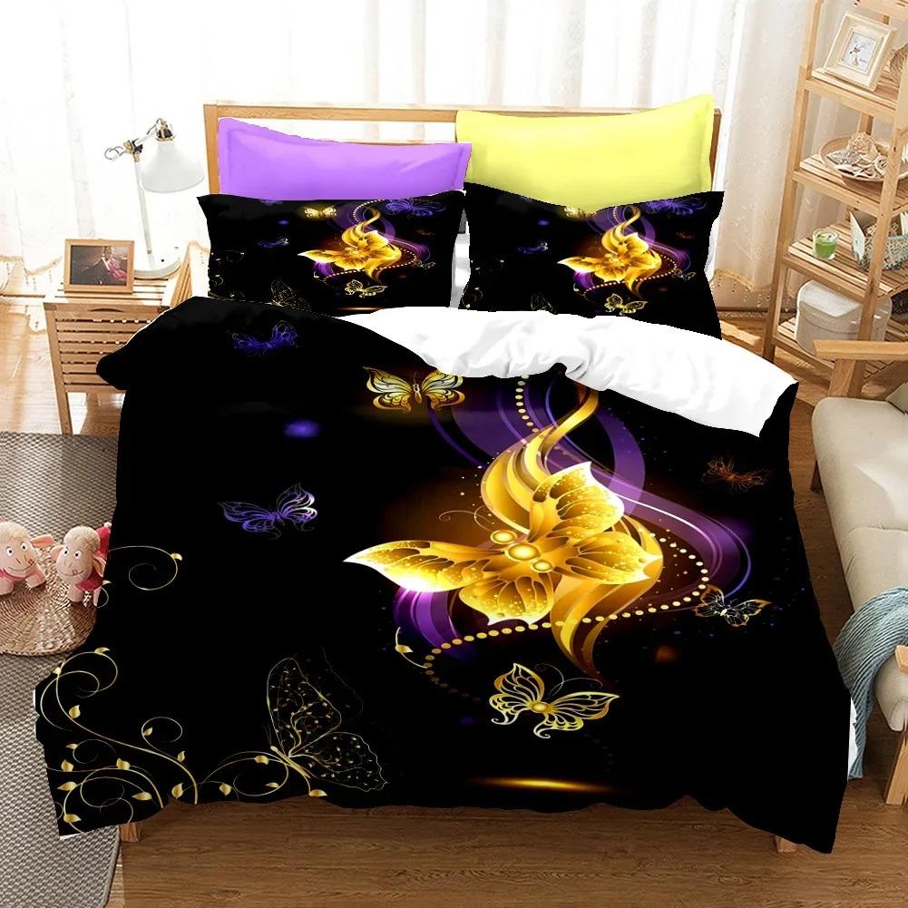 Golden Butterfly Påslakanset KingQueen Storlek, Vackert Blått Fjäril Sängkläder Set Kvinnor Insekt Polyester Täcke Överdrag