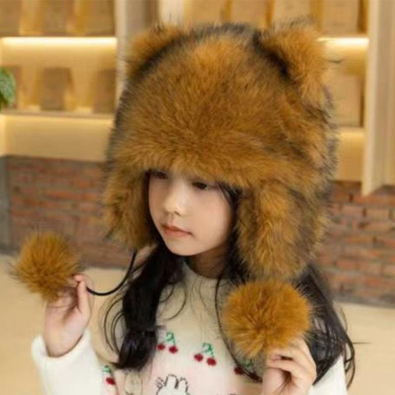 Furry Cartoon Raccoon Hat with Earflap Tail for Halloween Headwear Long Haired Hat Oversized Headgear Hat for Winter