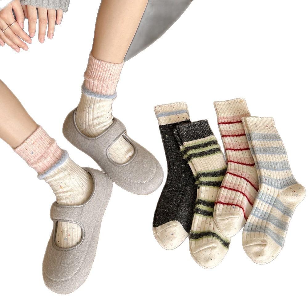 Autumn And Winter Striped Wool Medium Tube Socks Women'S Thickened Warm Plush Idea Yarn Cashmere Stacking Socks Versatile Soft Waxy Cotton Socks