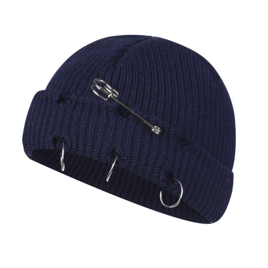 Fall And Winter Trendy Solid Color Safety Pin Iron Ring Knitted Wool Hat, Vintage Holey Pullover Wool Hat