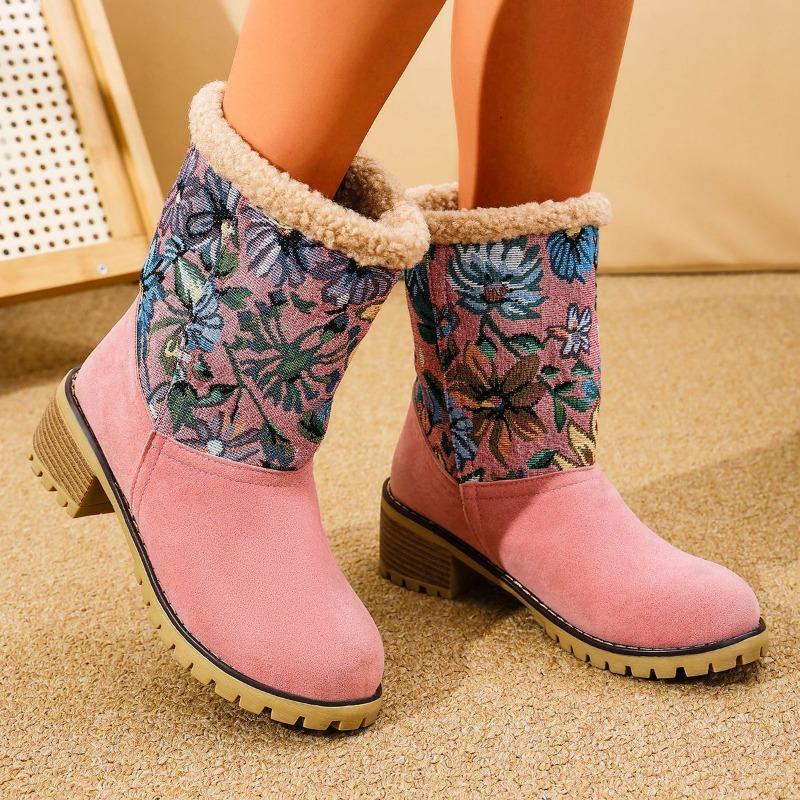 

Autumn and winter new snow boots flower matte thick heel medium boots two wear thickened 43 large size thermal cotton boots women 43 розовый